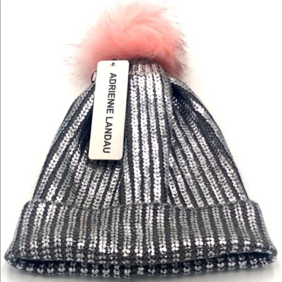 Adrienne Landau Metallic Silver Beanie with Pink Pom Pom - Picture 1 of 7